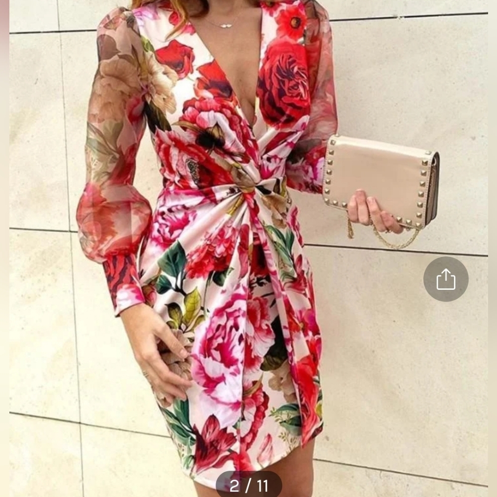 Vibrant flower faux wrap dress